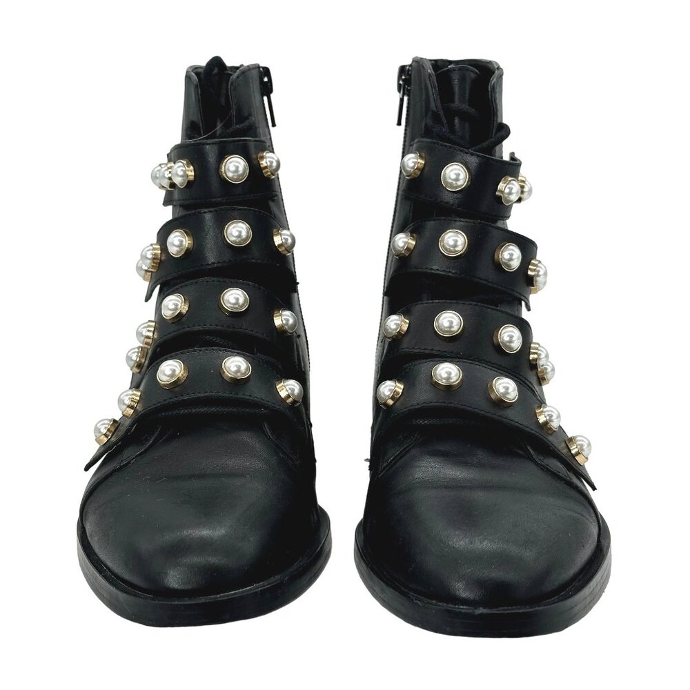 ZARA Leather Combat Biker Boots 39 8 Moto Pearl Strap Black Grunge Mall Goth - Picture 2 of 12